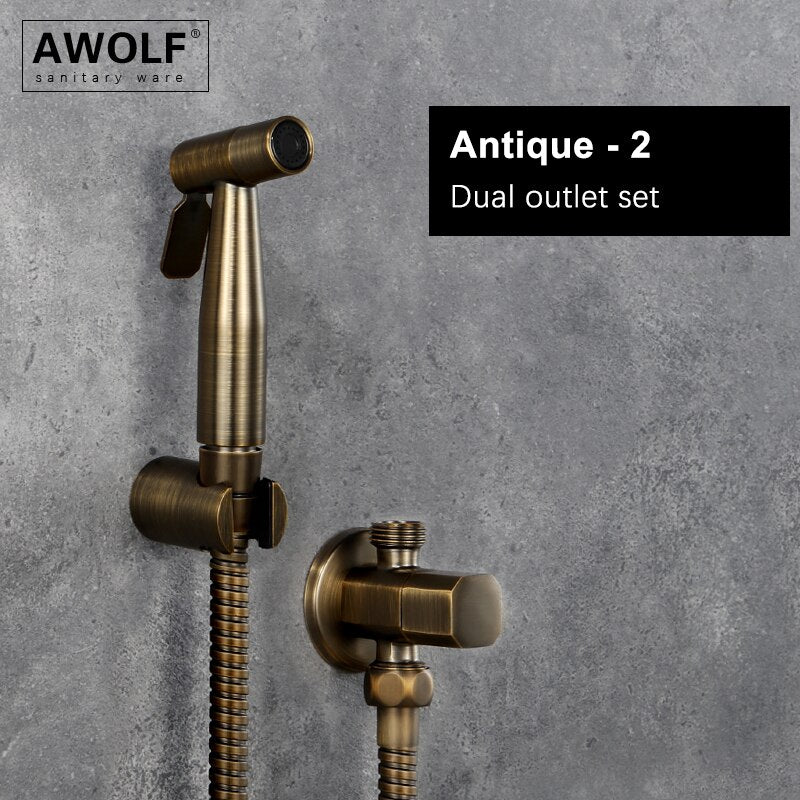 Awolf, cabezal de ducha higiénico de oro rosa, juego de rociador de bidé de mano para inodoro, válvula de latón Shattaf de acero inoxidable, ducha Anal AP2102