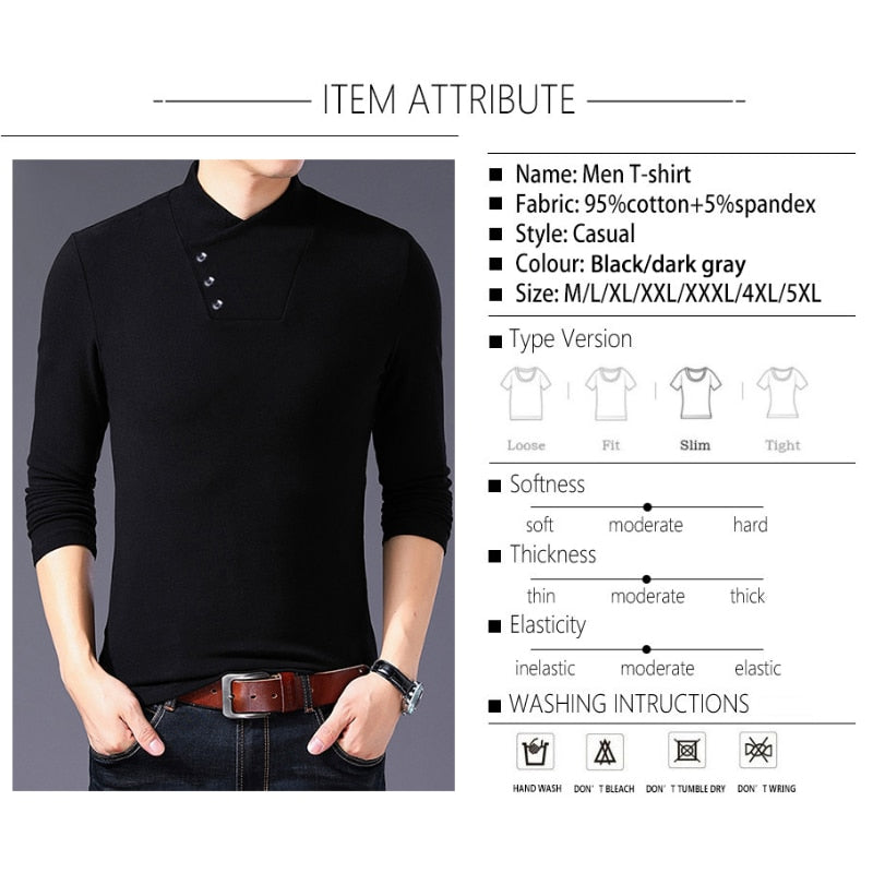 BROWON Spring Fashion Slim Fit T Shirt Men Cotton Tshirt Men Long Sleeve Irregular Collar Solid Color Men Clothes 2022