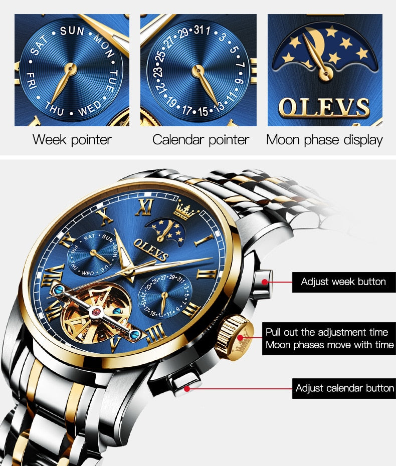 OLEVS Herrenuhr Automatische mechanische Uhr Stianless Top Brand Dress Luxus Mondphase Tourbillon Armbanduhr Geschenke für Männer