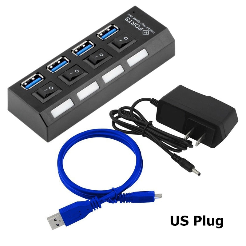 USB HUB 3.0 4 7 Port Usb Multi Splitter With Power Switch Supply Adapter For Macbook Pc Computer Laptops Notebook Accessories