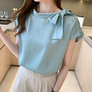 Casual Plus Size Female Clothing 2022 Summer Short Sleeve Silk Satin Blouse Women O Neck Bow Women Shirts Tops Blusas 14342