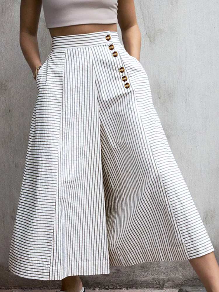 Celmia Frauen Hohe Taille Gestreifte Hose 2022 Mode Retro Weite Beinhose Sommer Lässige Knöpfe Lose Elegante Party Pantalones