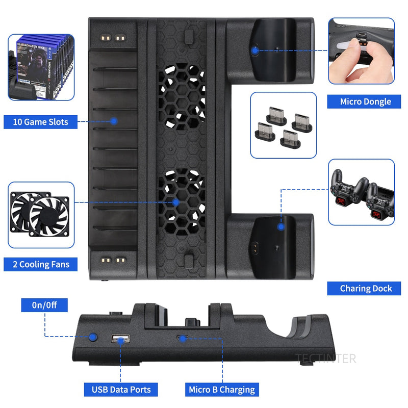 Für PS4/PS4 Slim/PS4 Pro Vertical Stand LED Lüfter Dual Controller Ladegerät Ladestation für SONY Playstation 4 Kühler