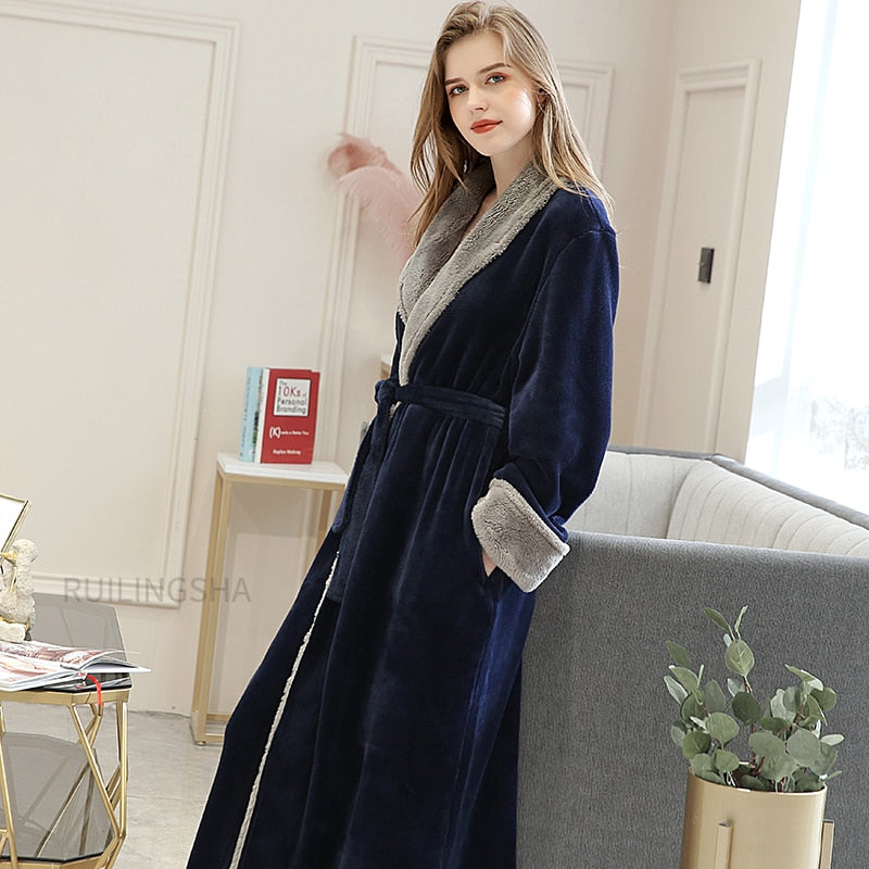 Women Men Winter Plus Size Flannel Robe Extra Long Hooded Warm Bathrobe Lovers Thick Kimono Bath Robe Male Dressing Gown Robes