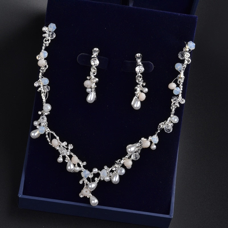 Luxury Crystal Beads Pearl Butterfly Costume Jewelry Sets Floral Rhinestone Choker Necklace Earrings Tiara Wedding Jewelry Set