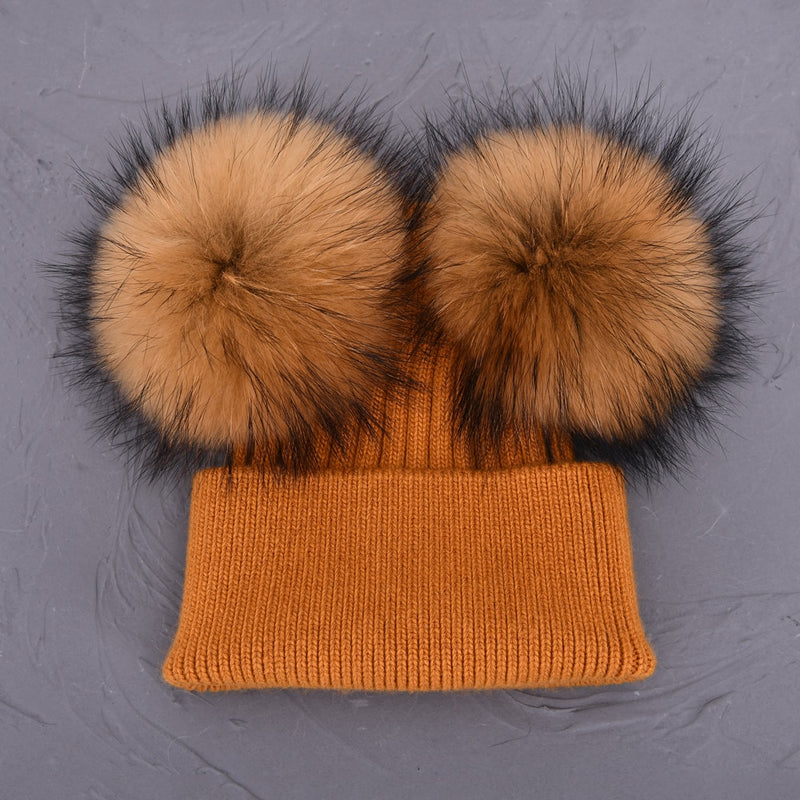 Double Real Raccoon Fur Pompom Hat Women Winter Caps Knitted Wool Hats Skullies Beanies Girls Female Two Fur Pom Pom Beanie Hat