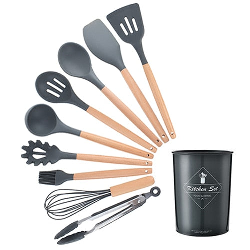 9-13Pcs Cooking Tools Set Premium Silicone Kitchen Cooking Utensils Set with Storage Box Turner Tongs Spatula Soup Spoon