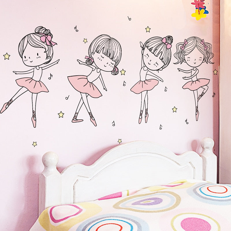 [shijuekongjian] Ballet Dancer Girl Wall Stickers DIY Flowers Plants Wall Decals for Kids Rooms Baby Bedroom Home Decoration