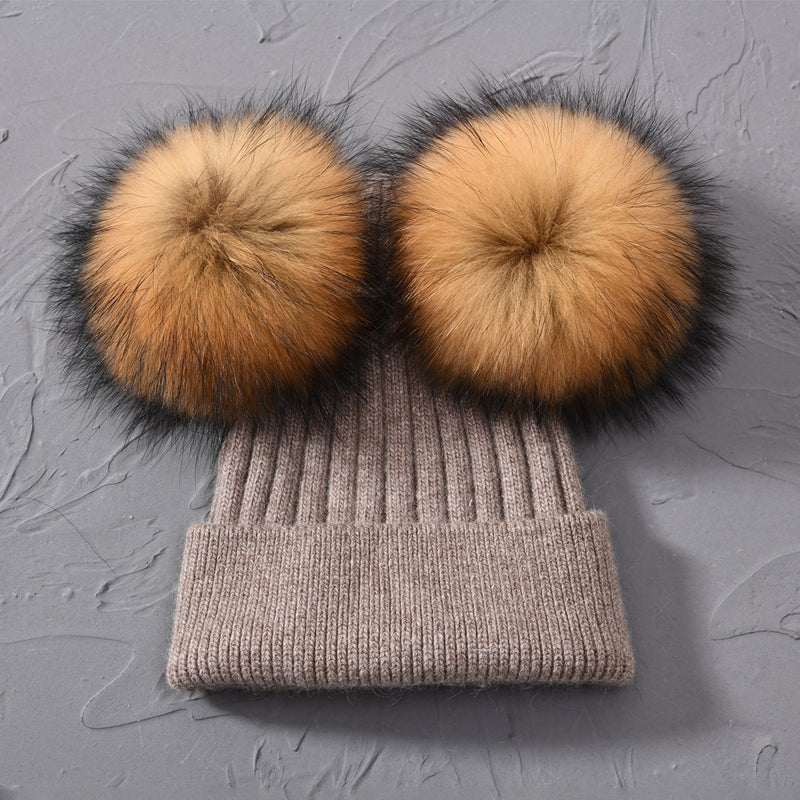 Double Real Raccoon Fur Pompom Hat Women Winter Caps Knitted Wool Hats Skullies Beanies Girls Female Two Fur Pom Pom Beanie Hat