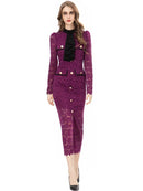 Seasixiang Fashion Designer Spring Summer Lace Pencil Dress Women Stand Collar Long Sleeve Hollow Out Elegant Party Dresses