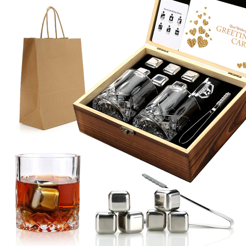 Whiskey Stones &amp; Glasses Set, Granite Ice Cube For Whisky, Whiski Chilling Rocks In Wooden Box, Best Gift For Dad Husband Men