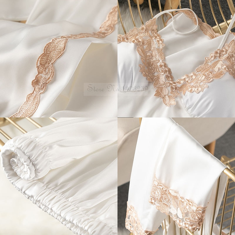 Lace Patchwork 5PCS Sleepwear Nightgown Kimono Bathrobe Gown Satin Lady Nighty&amp;Robe Suit Sexy Home Clothes White Wedding Robe