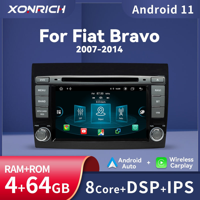 Wireless Carplay Android 11 2 Din Car DVD Player For Fiat/Bravo 2007 2008 2009 2010 2011 2012 GPS Navigation Auto Radio DSP IPS