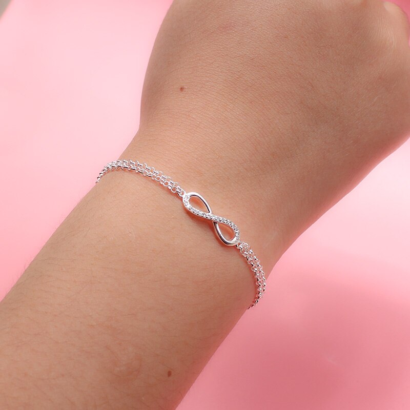 Trustdavis Genuine 925 Sterling Silver Sweet Minimalist Double Layer Infinity CZ Bracelet For Women Wedding Jewelry Gift DS2177