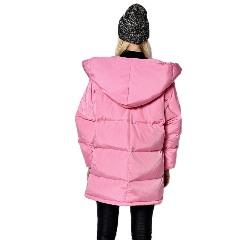 FTLZZ Winter Damen Jacken 90% weiße Entendaunen Parkas lose Kapuzenmäntel mittellang warm lässig rosa Schnee Outwear