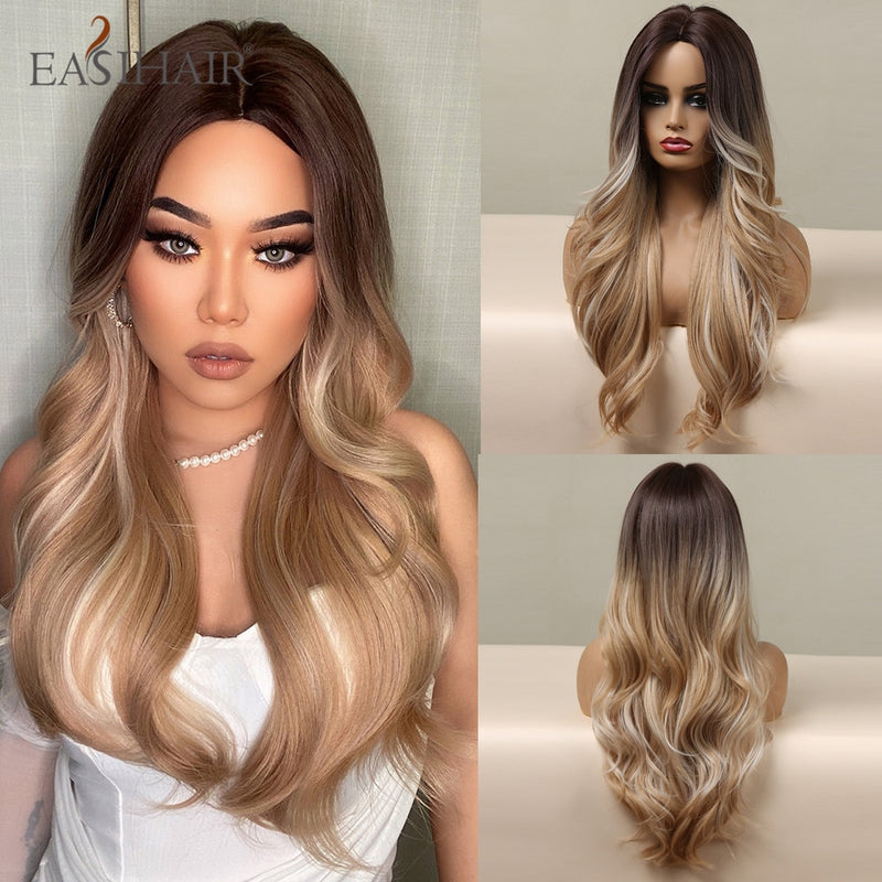 EASIHAIR largo ondulado marrón oscuro negro pelucas sintéticas parte media Natural pelucas de pelo para mujeres diario Cosplay fiesta resistente al calor