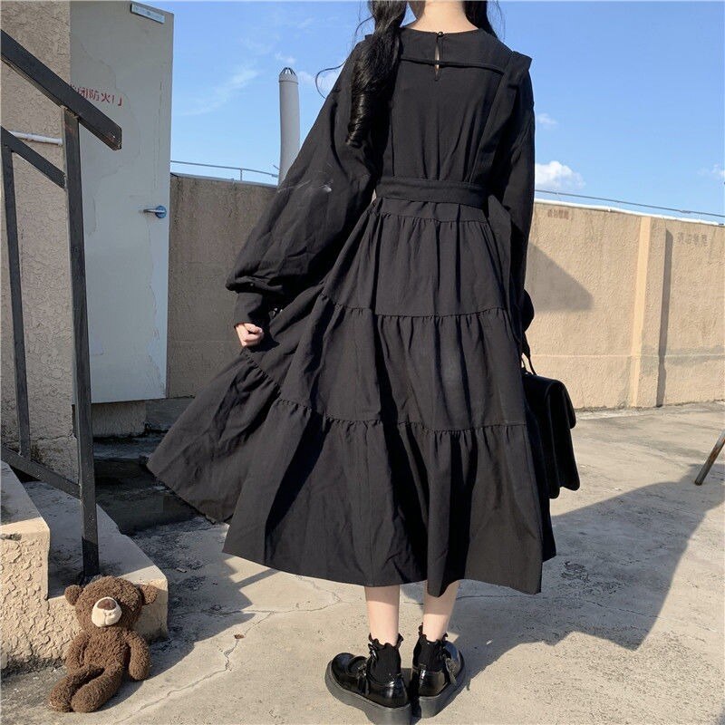 QWEEK Gothic Style Kleid Damen Harajuku Gothic Lolita Goth Kawaii Kleid Punk Niedlich Langarm Schwarz Midikleid 2021 Emo Oversize