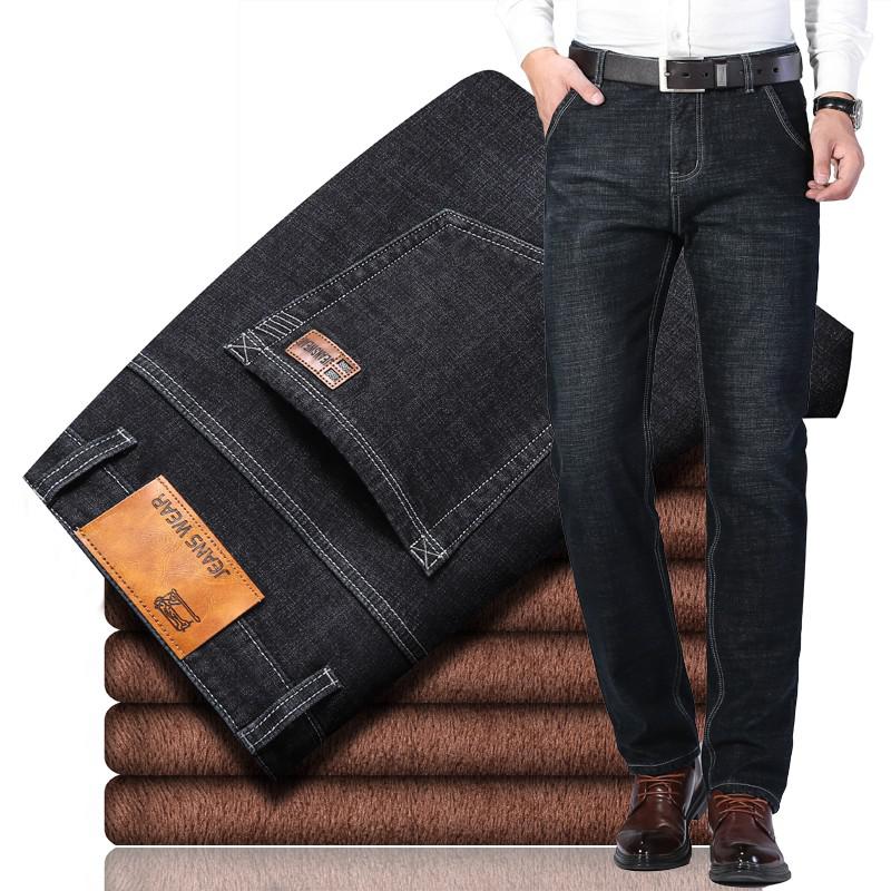 Winter Thermal Warm Flanell Stretch Jeans Herren Qualität Berühmte Marke Fleecehose Herren Gerade Beflockung Hose Jean Male