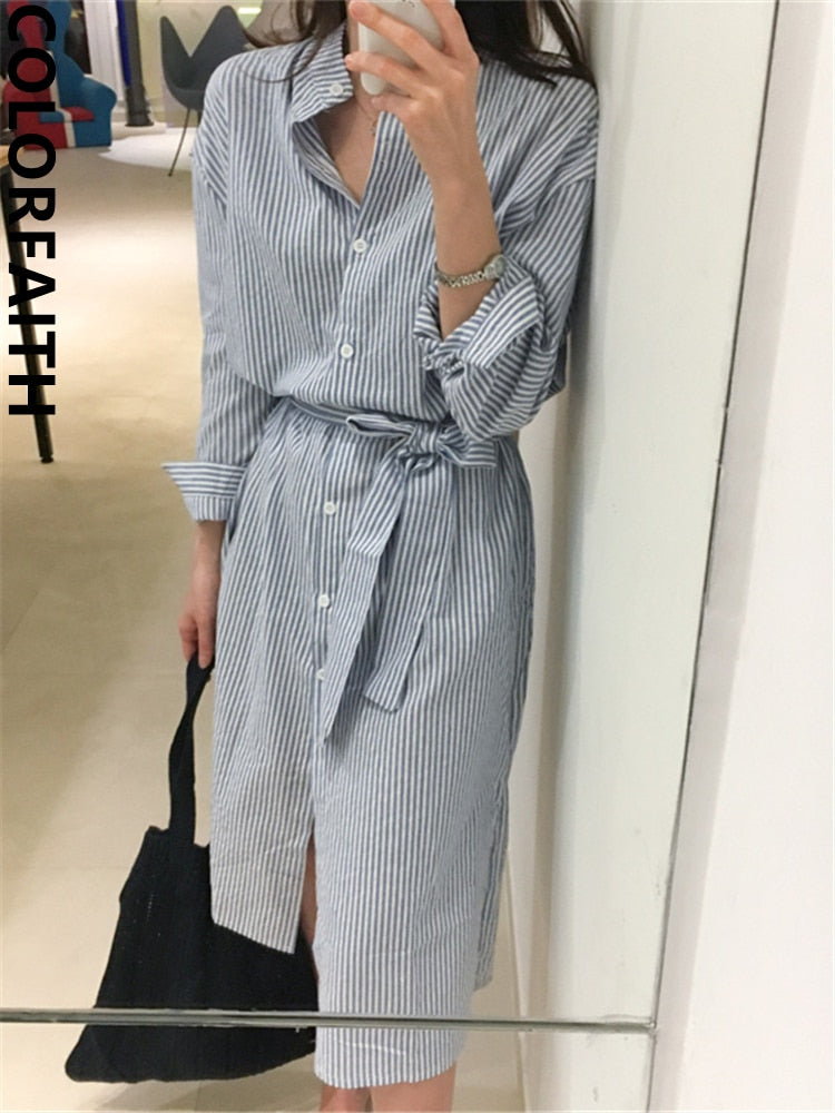 Colorfaith DR1800 2023 Striped Cotton and Linen Shirt Dress Lace Up Women Spring Summer Elegant Korean Fashion Lady Long Dresses