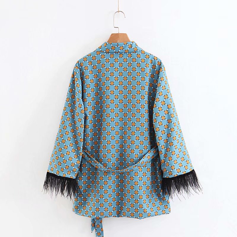 Damenanzüge Sunc Spring LOOSE Blau bedruckte Kimonojacke mit Federärmeln Hose mit weitem Bein Zweiteilige Viintage Clothing Suits