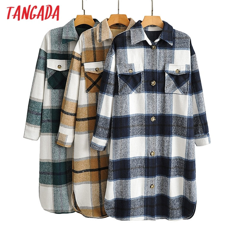 Tangada 2020 Otoño Invierno mujer verde plaid abrigo largo chaqueta Casual cálido abrigo moda abrigos largos AI35