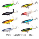8Pcs Whopper Plopper 10Cm/14Cm Floating Per Fishing Lure Artificial Hard Bait Wobbler Rotating Tail Fishing Tackle 3D Eyes
