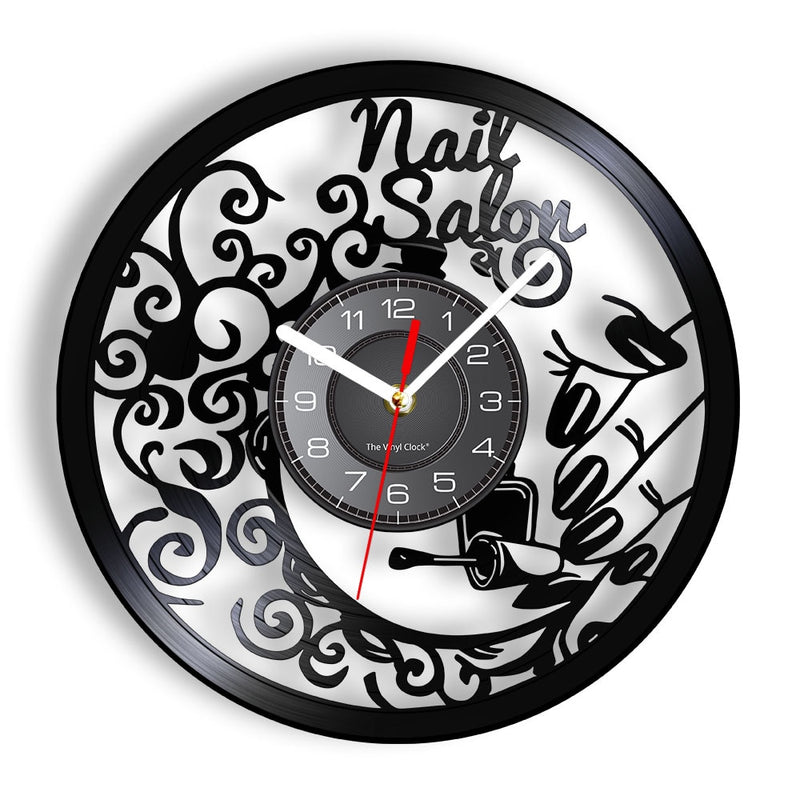 Reloj de pared con diseño de manicura, tienda de belleza a la moda, arte de pared, salón de uñas, disco de vinilo, reloj de pared, belleza de uñas, decoración del hogar, regalo para ella