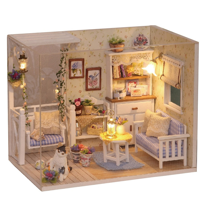 Cutebee DIYHouse Miniature with Furniture LED Music Dust Cover Model Building Blocks Toys for Children Casa De Boneca