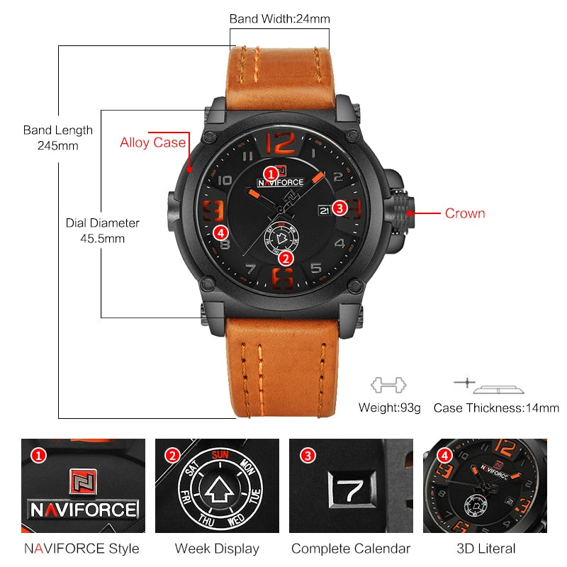 NAVIFORCE marca de lujo superior hombres deportes militar cuarzo reloj hombre analógico fecha reloj correa de cuero reloj Relogio Masculino