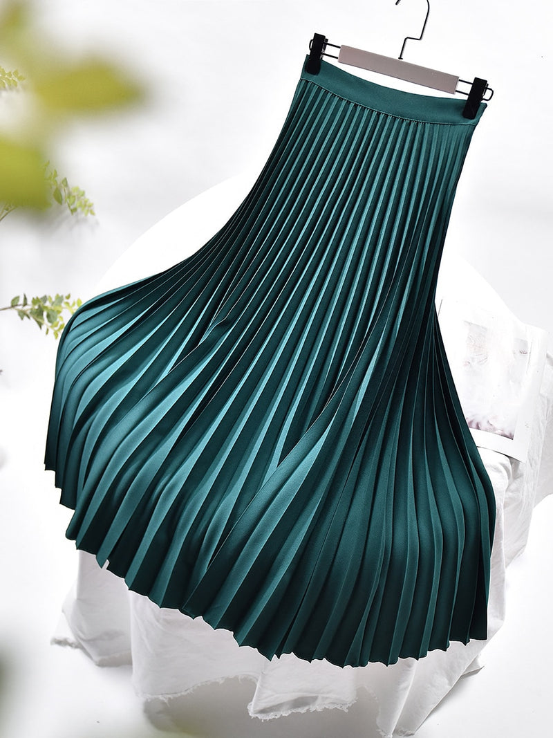 Brand Designer Women Spring Autumn Elegant Chic Solid Pleated Skirt High Waist Luxury Fashion With Elastic Female C-035