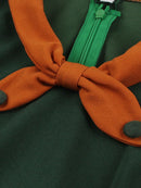 Tonval Green Contrast Bow Neck and Cuff Vintage Belted Dress Half Sleeve Autumn Women Fit and Flare Retro Swing Dresses