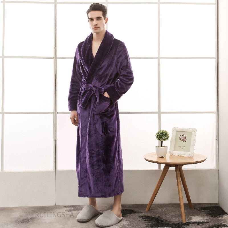 Bata de baño de franela larga y gruesa para hombre, batas de talla grande para mujer, bata de baño de lana Coral para invierno, bata de Kimono para hombre, ropa de dormir