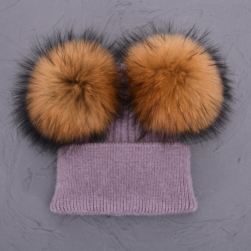 Double Real Raccoon Fur Pompom Hat Women Winter Caps Knitted Wool Hats Skullies Beanies Girls Female Two Fur Pom Pom Beanie Hat