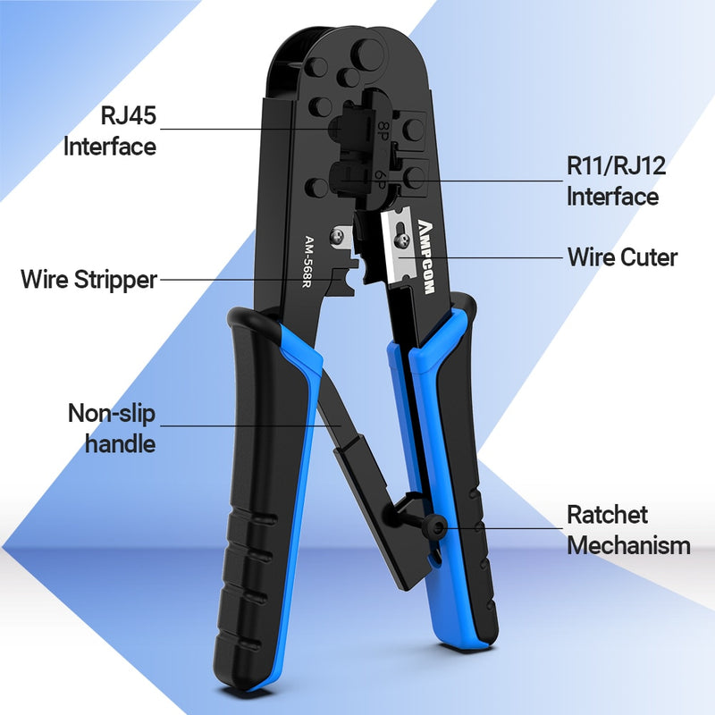 AMPCOM rj45 crimper RJ11 RJ45 Crimping Tool Ethernet Network LAN Cable Crimper Cutter Stripper Plier for 6P 8P RJ-11/RJ-12 RJ-45