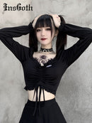 InsGoth Bandage Bodycon Langarm Crop Tops Damen Schwarz V-Ausschnitt Streetwear Punk Slim Tops Herbst Gothic Harajuku Top