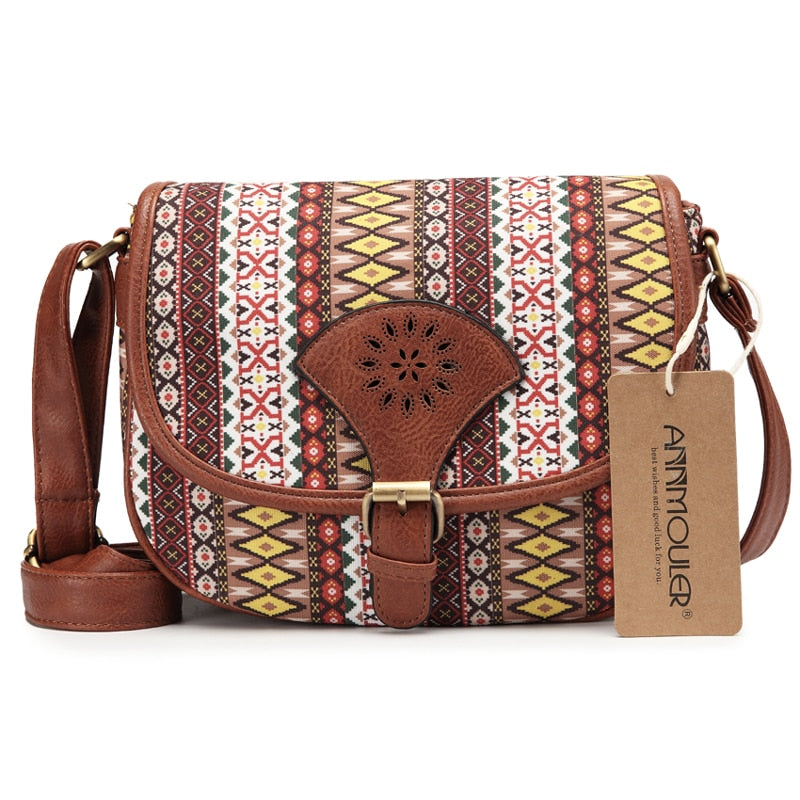 Annmouler Brand Design Women Shoulder Bag Vintage Hollow Out Crossbody Bag Pu Leather Small Bag Bohemian Style Messenger Bags