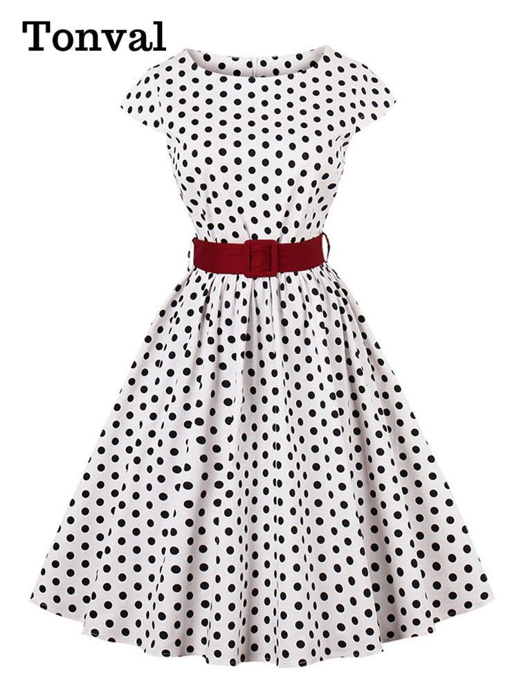 Tonval Green Retro Polka Dot 1950er Rockabilly Plissee Belted Dress Cap Ärmel Sommer Damen High Waist Vintage Kleider