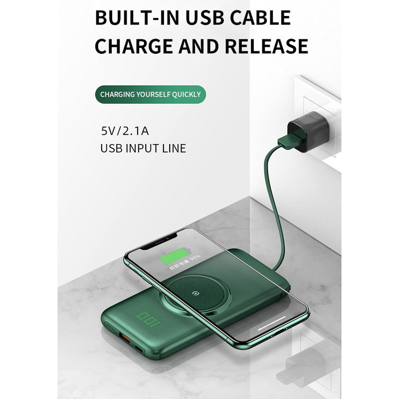 PINZHENG 20000mAh Wireless Charger Power Bank Built-in 4 Cables 10000mAh Powerbank Portable External Battery Charger For iPhone