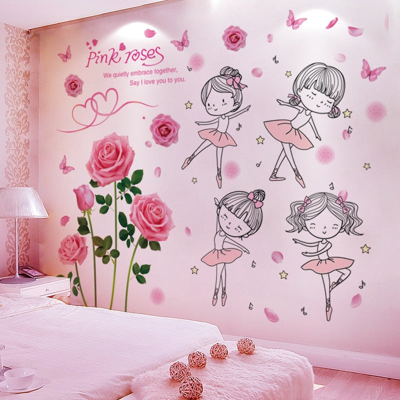 [shijuekongjian] Ballet Dancer Girl Wall Stickers DIY Flowers Plants Wall Decals for Kids Rooms Baby Bedroom Home Decoration