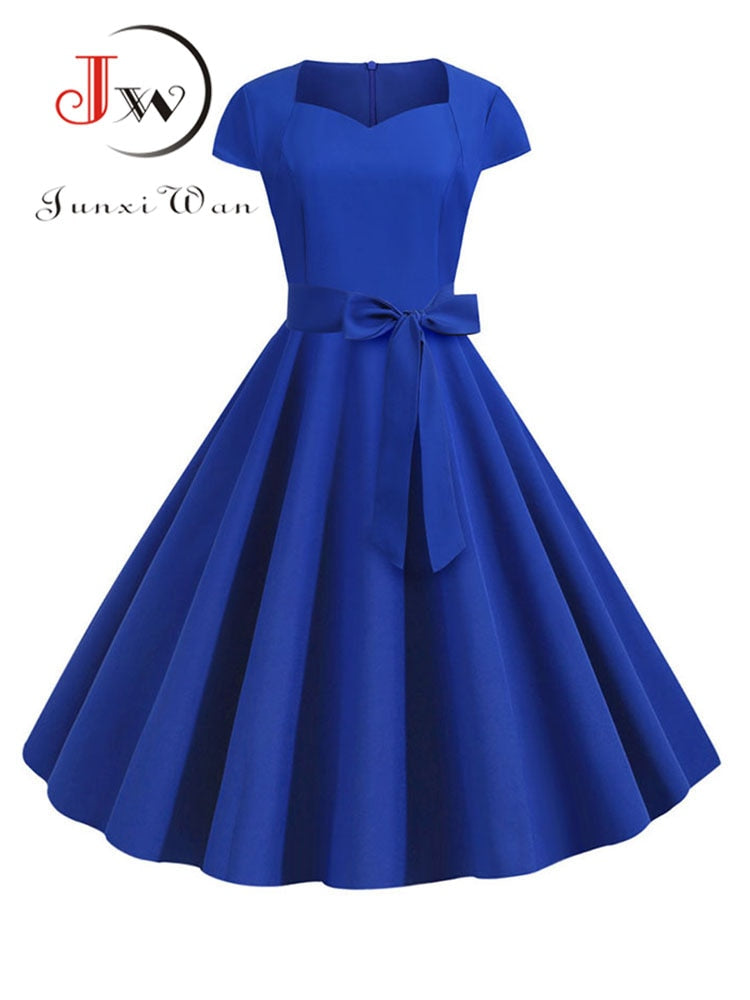 Verano Mujer Vintage vestido 50S 60S manga corta Casual elegante Retro Oficina fiesta Midi vestido bata mujer sólido Vestidos