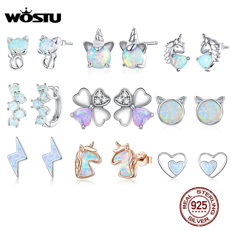 WOSTU 925 Sterling Silver Opal Stud Earrings Cat Unicorn Heart Blue Opal Earrings For Women Original Silver 925 Jewelry