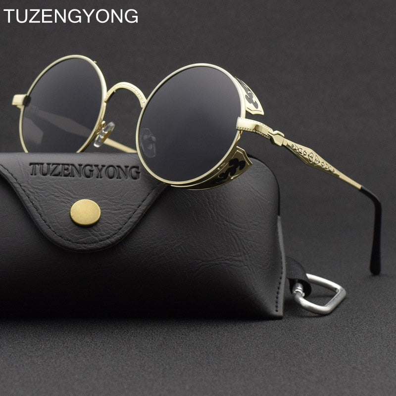 TUZENGYONG Fashion Polarized Steampunk Sunglasses Men/Women Round Metal Carving Vintage Sun Glasses Gothic UV400 Sunglass