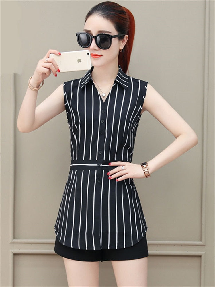 Women Spring Summer Long Style Chiffon Blouses Shirts Lady Casual Sleeveless Striped Turn-down Collar Blusas Tops DF1927