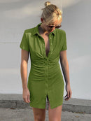 Women Elegant Short Sleeve Skinny Mini Dress Summer Turn-Down Collar Ruched Shirt Dress Green Blue Slim Party Dresses Vestido