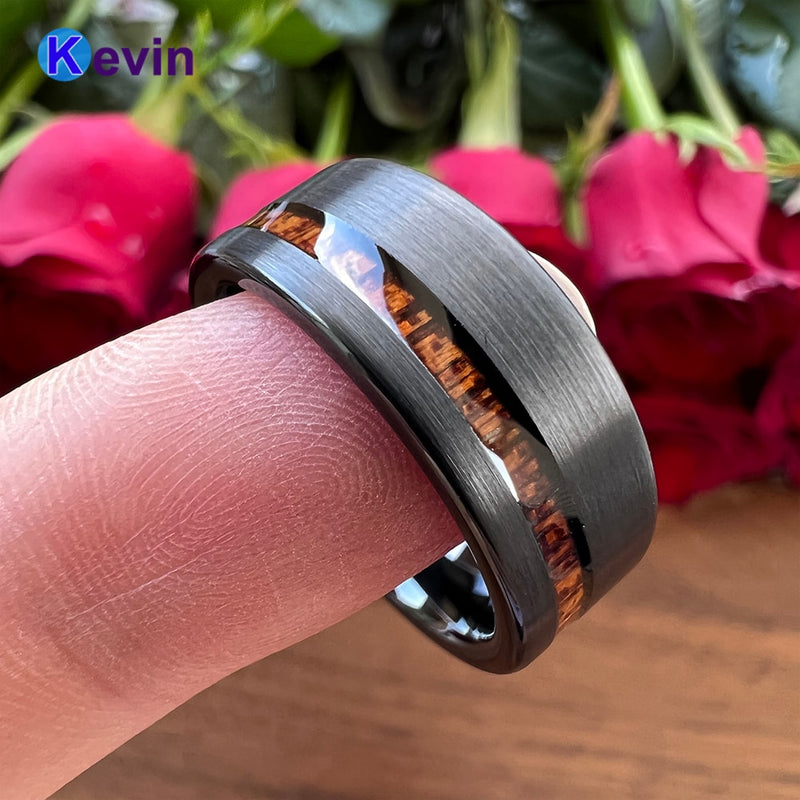 Classic Wood Ring Black Tungsten Wedding Band For Men And Women With Offset Groove Real Wood Inlay 8MM Comfort Fit