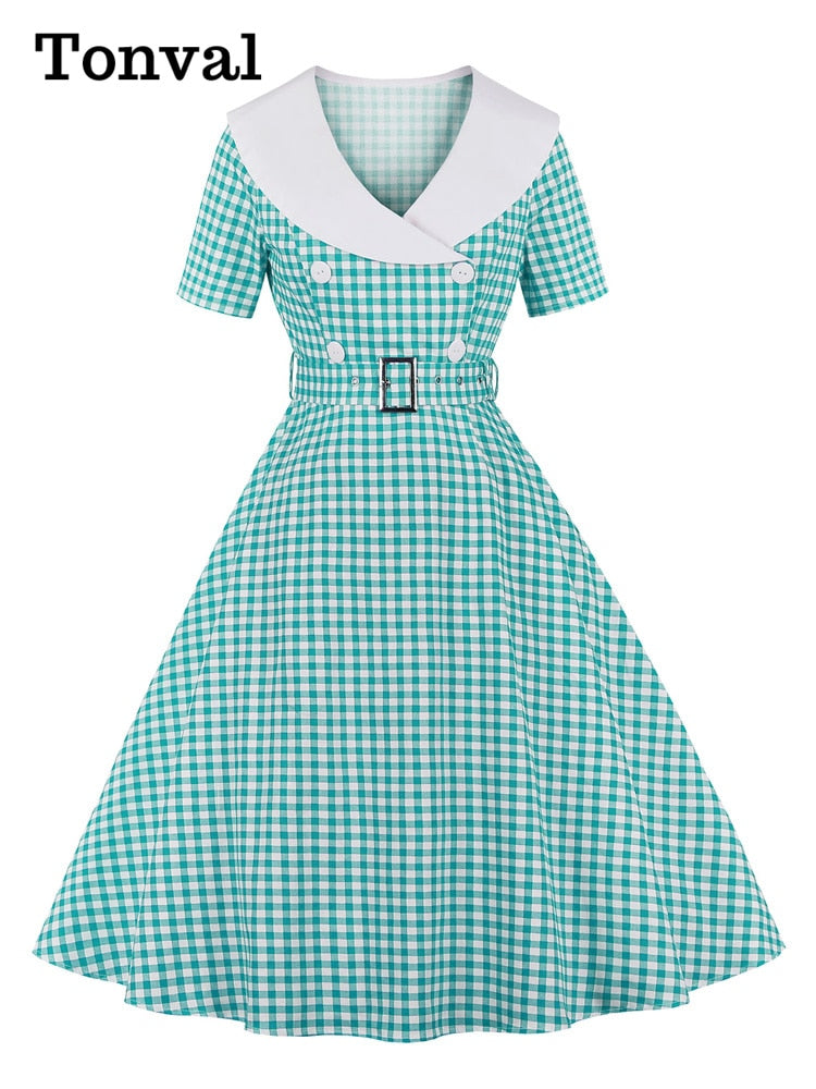 Tonval Gingham Print cintura alta Vintage A Line algodón Midi vestidos para mujer doble botonadura 1950S Rockabilly Plaid vestido