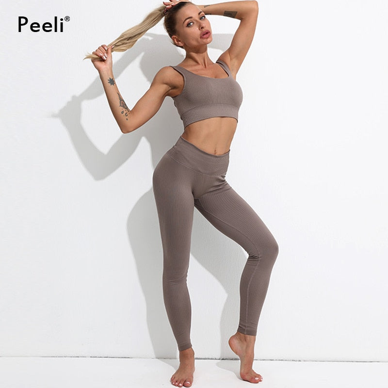 Nahtloser Yoga-Anzug Sport-Set Fitness-Kleidung Fitness-Frauen Langarm-Crop-Top mit hoher Taille Leggings geripptes Trainings-Set Trainingsanzüge