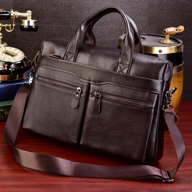 Bolsos negros de cuero genuino para hombres, bolsos grandes de cuero de 14 "para computadora portátil, bolsos de viaje para hombres de negocios, bolsos de hombro, maletín