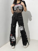InsGoth Y2K Punk Skull Print Black Buckle Pants Harajuku High Waist Big Pocket Trousers Goth Mall Grunge Cargo Pants Techwear