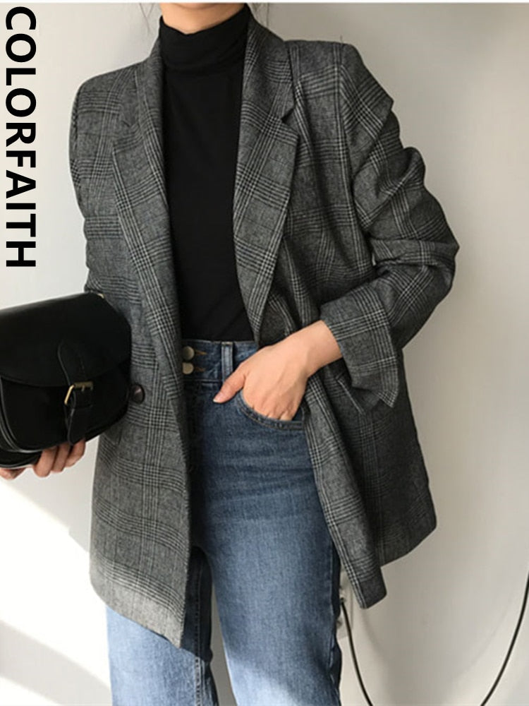 Colorfaith New 2022 Plaid Double Breasted Pockets Formal Jackets Checkered Winter Spring Women&